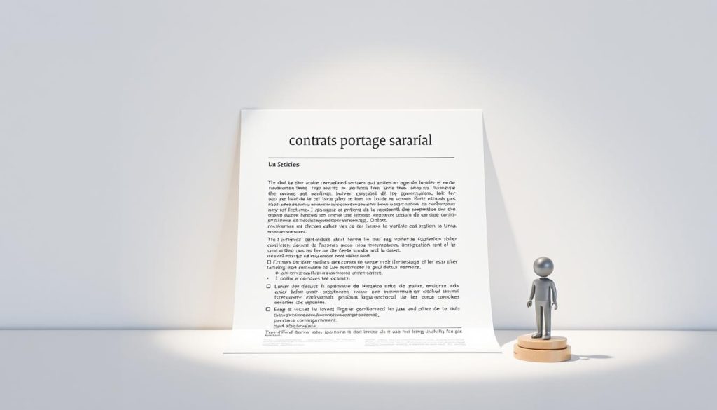 A professional business contract showcasing the details of "contrats portage salarial", a secure employment alternative. Set against a clean, minimalist backdrop, the document is illuminated by soft, directional lighting, emphasizing the importance and legality of the arrangement. In the foreground, the Umalis Group logo stands as a symbol of trust and reliability. The overall mood is one of professionalism, clarity, and financial security, reflecting the subject matter of the article section.