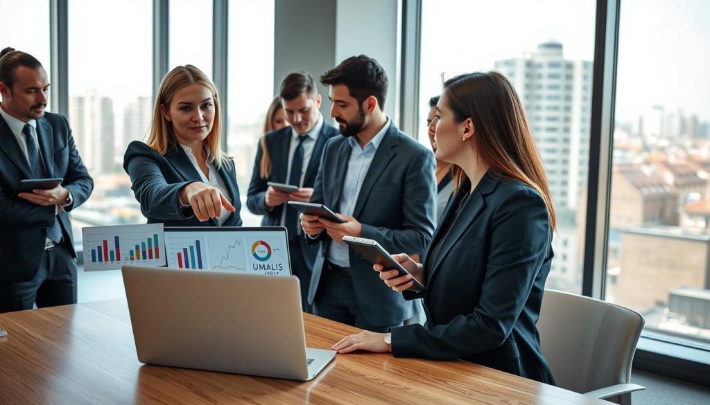 A professional business environment depicting a diverse group of individuals engaged in collaborative discussions about "portage salarial" in France. In the foreground, a confident professional woman in smart business attire is pointing at a laptop screen, displaying graphs and data analysis. The middle ground features a group of men and women in business suits sharing ideas, with one person taking notes on a tablet. The background showcases a modern office setting with large windows allowing natural light to flood the space, highlighting a city view. The atmosphere is focused and dynamic, reflecting optimism and growth in the portage salarial market. Subtly include the brand name "UMALIS GROUP" on a visible document on the table. The image is shot with a wide-angle lens to capture the collaborative essence of the meeting. A professional business environment depicting a diverse group of individuals engaged in collaborative discussions about "portage salarial" in France. In the foreground, a confident professional woman in smart business attire is pointing at a laptop screen, displaying graphs and data analysis. The middle ground features a group of men and women in business suits sharing ideas, with one person taking notes on a tablet. The background showcases a modern office setting with large windows allowing natural light to flood the space, highlighting a city view. The atmosphere is focused and dynamic, reflecting optimism and growth in the portage salarial market. Subtly include the brand name "UMALIS GROUP" on a visible document on the table. The image is shot with a wide-angle lens to capture the collaborative essence of the meeting.