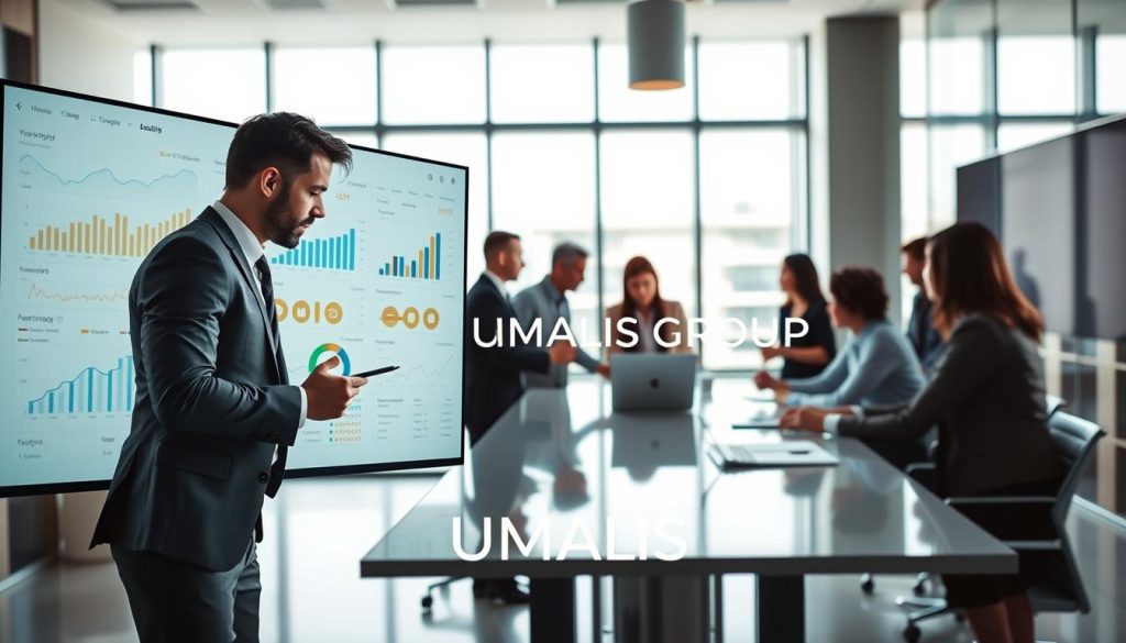 A professional business environment depicting an SEO audit in action. In the foreground, a skilled analyst in business attire is reviewing a large digital screen filled with graphs and analytics, showcasing data metrics like visibility and traffic. In the middle, a diverse group of professionals actively discussing strategies and insights, collaborating around a sleek conference table. The background features a modern office space with large windows, letting in bright, natural light, creating a vibrant atmosphere. Soft focus enhances the professionalism and energy of the scene. The overall mood is dynamic and focused, emphasizing the strategic importance of SEO audits. Include the brand "UMALIS GROUP" subtly in the digital dashboards.