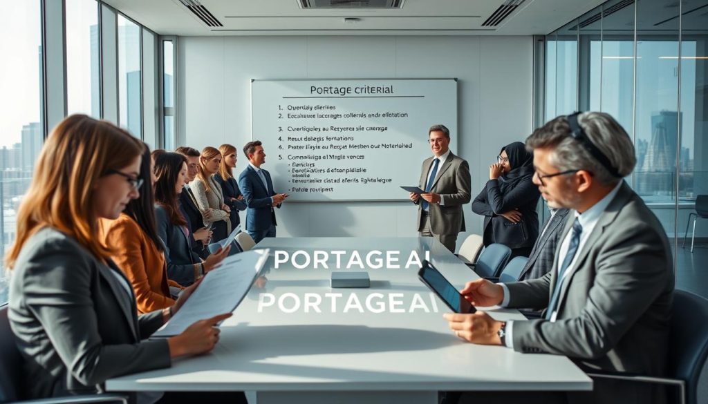 A professional business environment depicting eligibility criteria for "portage salarial." In the foreground, a diverse group of individuals in professional business attire, including a middle-aged woman analyzing a document, a young man taking notes, and a middle-aged man presenting information on a digital tablet. In the middle, an elegant conference room with a large table and modern chairs, with a whiteboard filled with bullet points about eligibility requirements. In the background, large windows showing a cityscape, with soft, natural daylight illuminating the scene to create an inviting, collaborative atmosphere. Capture the essence of teamwork and professionalism. Include the brand name "PORTAGE AI" subtly integrated into the design. Use a slightly elevated angle for an overview perspective.
