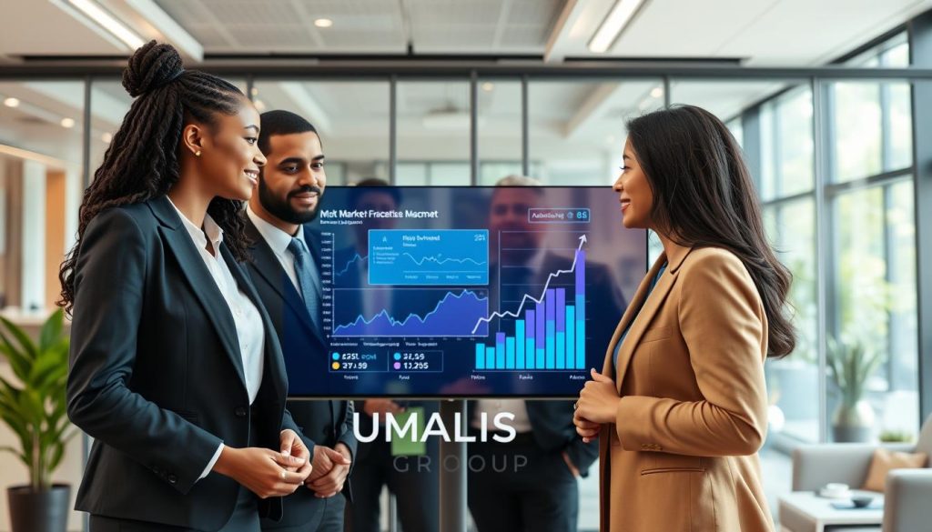 A professional business environment depicting multiple diverse professionals discussing market indicators for freelance management. In the foreground, a group of three individuals – a Black woman, a Hispanic man, and an Asian woman – are engaged in a focused discussion, all dressed in smart business attire. The middle ground features a large digital screen displaying analytics and graphs related to job market trends, showcasing an upward trajectory. The background includes a sleek office space with glass walls, greenery, and modern furniture, suggesting a contemporary business atmosphere. Natural light filters through the windows, creating an optimistic and motivated mood. The brand name "UMALIS GROUP" subtly integrated into the office decor.