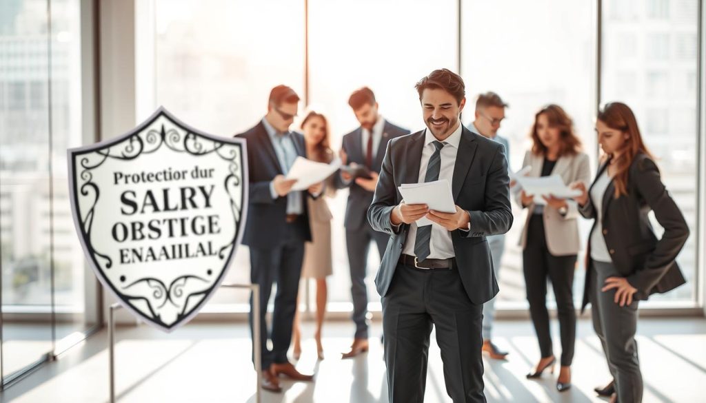 A professional business environment depicting the concept of "Protection du salaire en portage salarial". In the foreground, a confident businessperson in professional attire stands next to a large, intricately designed shield symbolizing salary protection, with the brand name "UMALIS GROUP" elegantly displayed on it. In the middle ground, a diverse group of professionals—men and women—engaged in animated discussion and analysis of financial documents, emphasizing collaboration and security. The background features a modern office setting with large windows allowing soft, natural light to fill the space, casting gentle shadows. The atmosphere is focused and optimistic, reflecting a sense of security and professionalism within the framework of salary protection mechanisms.