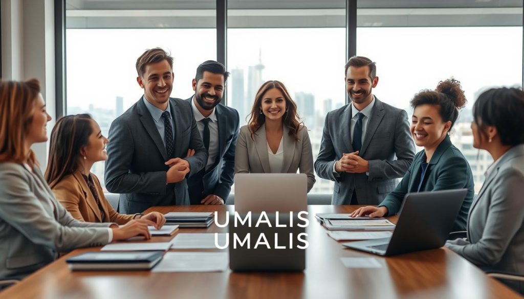 A professional business environment depicting the concept of "portage salarial" and its advantages. In the foreground, a diverse group of professionals in business attire engages in a discussion around a modern conference table, showcasing expressions of collaboration and satisfaction. In the middle background, a large window reveals a city skyline, symbolizing growth and opportunity. Soft, natural lighting filters in, creating an inviting atmosphere. A carefully arranged display of paperwork and a laptop on the table emphasize the theme of security in employment without the need for entrepreneurship. The overall mood is optimistic and focused. The logo of "UMALIS GROUP" subtly integrated into the scene, reinforcing the concept of professional support and security in flexible work arrangements.