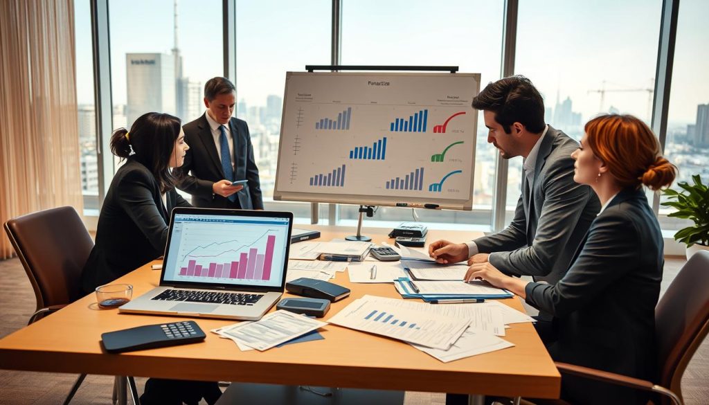 A professional business environment depicting the financial and legal aspects of portage salarial. In the foreground, a diverse group of three individuals dressed in smart business attire, engaged in a discussion around a large table covered with documents, calculators, and a laptop displaying financial charts. In the middle ground, a whiteboard filled with graphs and key financial metrics. In the background, large windows allowing natural light to flood the room, highlighting city skyline views. The atmosphere is focused and collaborative, conveying a sense of professionalism and teamwork, with warm lighting and a slight depth of field to emphasize the subjects.