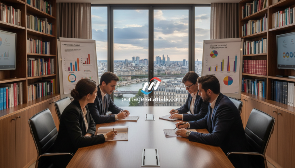 A professional business environment depicting the legal framework of "portage salarial" in France. In the foreground, a diverse group of three individuals dressed in smart business attire—one woman and two men—are engaged in a discussion over legal documents and contracts on a modern conference table. In the middle ground, a large window shows a view of a bustling cityscape, symbolizing opportunity and growth, while charts and graphs on the walls represent the advantages of "portage salarial." The background features shelves filled with books on business law, enhancing the theme of professionalism. Soft, natural lighting filters in, creating an atmosphere of collaboration and focus, with a warm color palette to convey a sense of trust and assurance. Include the brand name "portagesalarials.com" subtly integrated into the image.
