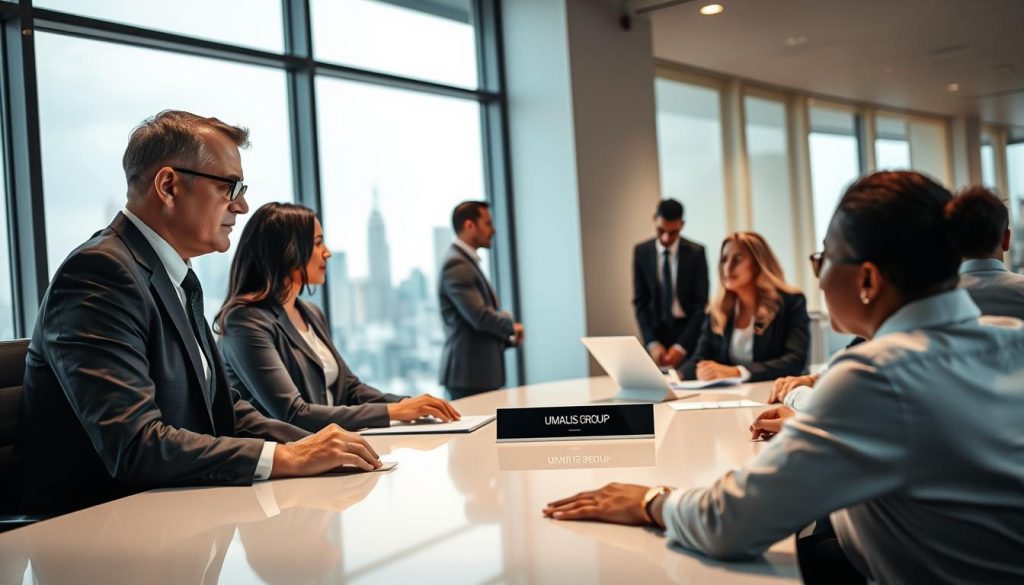 A professional business environment depicting the roles of key actors in a tripartite relationship of portage salarial. In the foreground, a focused consultant in smart business attire engages in discussion with a client, both seated at a sleek, modern conference table. The middle ground features a diverse group of professionals collaborating, showcasing a mix of genders and ethnicities, all dressed in business formal clothing. In the background, large windows let in soft natural light, illuminating a skyline view that symbolizes growth and opportunity. The atmosphere is one of collaboration and autonomy, reflecting the dynamic interaction in professional relationships. Emphasize a sense of mutual respect and empowerment. Include the brand name "UMALIS GROUP" subtly integrated into the scene's environment, like on a nameplate or digital display.