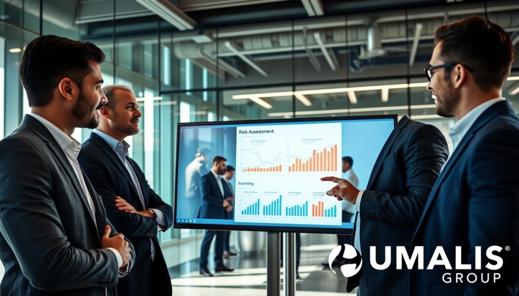 A professional business environment depicting the theme of risk management. In the foreground, a diverse group of three professionals—two men and one woman—in smart business attire, are engaged in a focused discussion over a large digital screen displaying graphs and risk assessment data. In the middle background, a modern office space with glass walls showcases more team members collaborating on project planning. The lighting is bright and professional, with natural sunlight streaming in through large windows, creating an optimistic atmosphere. The shot is taken from a slightly elevated angle, conveying a sense of perspective that highlights teamwork and strategic planning. At the bottom right corner, subtly incorporated, is the brand name "UMALIS GROUP". A professional business environment depicting the theme of risk management. In the foreground, a diverse group of three professionals—two men and one woman—in smart business attire, are engaged in a focused discussion over a large digital screen displaying graphs and risk assessment data. In the middle background, a modern office space with glass walls showcases more team members collaborating on project planning. The lighting is bright and professional, with natural sunlight streaming in through large windows, creating an optimistic atmosphere. The shot is taken from a slightly elevated angle, conveying a sense of perspective that highlights teamwork and strategic planning. At the bottom right corner, subtly incorporated, is the brand name "UMALIS GROUP".