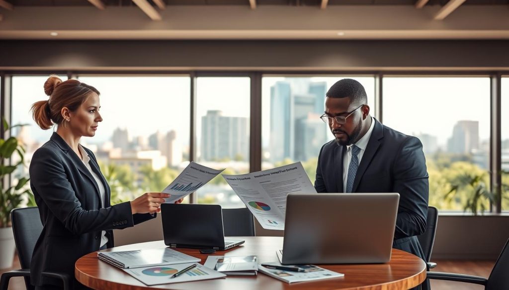 A professional business environment featuring a diverse group of consultants engaged in a discussion about environmental finance. In the foreground, two consultants in formal business attire, one a Caucasian woman and the other a Black man, are analyzing documents with graphs and charts. The middle ground showcases a round table with laptops, green finance reports, and sustainability-themed visuals. In the background, large windows reveal a cityscape blended with greenery, reflecting a harmonious balance between urban life and nature. The lighting is warm and inviting, with natural sunlight illuminating the scene, creating a collaborative and productive atmosphere. The Umalis Group logo is subtly integrated into one of the documents on the table.