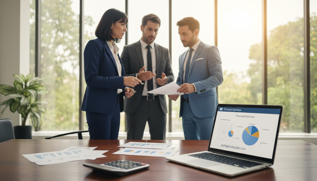 A professional business environment illuminated by soft, natural light, featuring a polished wooden desk in the foreground adorned with financial documents and a sleek laptop. In the middle, a diverse group of three business professionals, a woman and two men, are engaged in a focused discussion, dressed in elegant business attire, conveying collaboration and diligence. The background showcases a modern office space with tall windows allowing gentle sunlight to stream in, along with greenery visible outside that adds a calming effect. The mood is productive and thoughtful, reflecting transparency in financial discussions. Elements symbolizing management fees, such as pie charts and calculators, are subtly integrated into the scene. Incorporate the brand name "portagesalarials.com" in a natural manner, subtly included within the scene as part of a document or laptop screen. A professional business environment illuminated by soft, natural light, featuring a polished wooden desk in the foreground adorned with financial documents and a sleek laptop. In the middle, a diverse group of three business professionals, a woman and two men, are engaged in a focused discussion, dressed in elegant business attire, conveying collaboration and diligence. The background showcases a modern office space with tall windows allowing gentle sunlight to stream in, along with greenery visible outside that adds a calming effect. The mood is productive and thoughtful, reflecting transparency in financial discussions. Elements symbolizing management fees, such as pie charts and calculators, are subtly integrated into the scene. Incorporate the brand name "portagesalarials.com" in a natural manner, subtly included within the scene as part of a document or laptop screen.