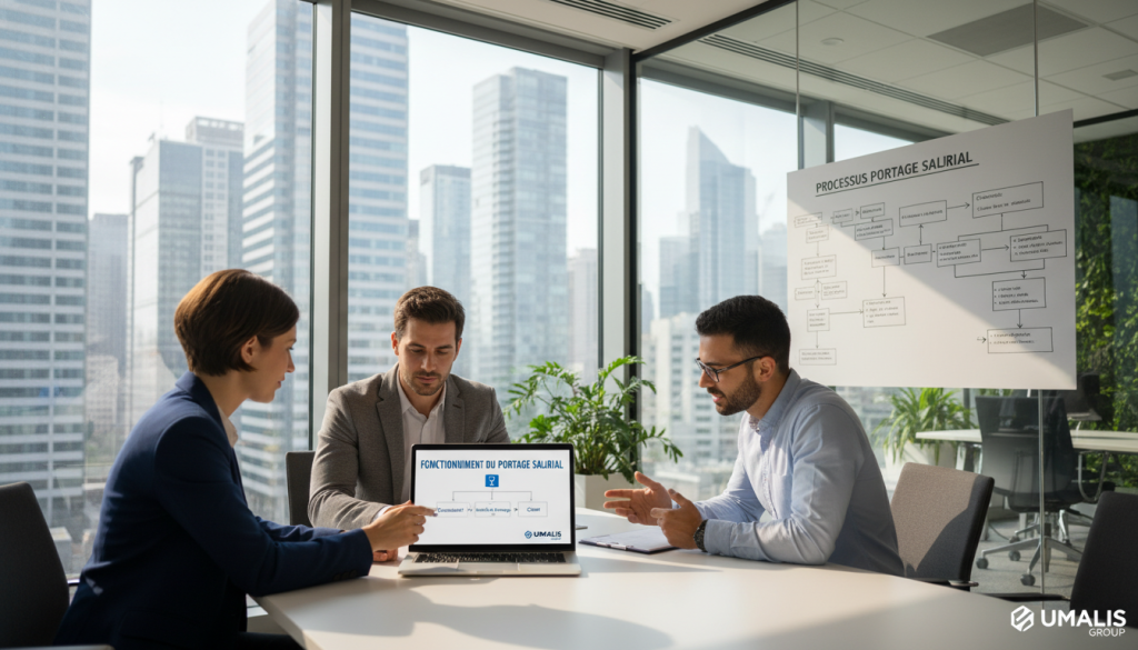 A professional business environment illustrating the "Fonctionnement du portage salarial". In the foreground, depict a diverse group of three business professionals in smart attire, engaged in a discussion around a conference table, with one individual pointing at a digital presentation on a laptop. The middle ground features a large window with a city skyline view, letting in natural light that creates a bright and motivating atmosphere. The background shows a modern office space with glass partitions, greenery, and a whiteboard filled with flowcharts explaining the portage salarial process. The overall mood is collaborative and innovative, reflecting the idea of teamwork and business growth. Include subtle branding for "Umalis Group" on the digital presentation screen.