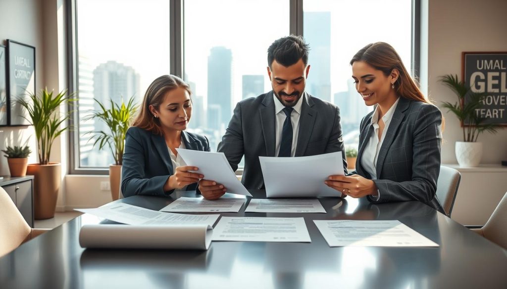 A professional business environment illustrating the concept of "end of service" and "employment contract" in the context of portage salarial. In the foreground, a diverse group of three individuals in smart business attire discuss documents at a sleek conference table, visibly analyzing a contract and a checklist. In the middle ground, a large window reveals a modern urban office skyline, bathed in soft natural light, emphasizing transparency and professionalism. The background features contemporary office decor, like potted plants and motivational artwork, creating an atmosphere of collaboration and focus. The brand name "UMALIS GROUP" is subtly included as part of the documents on the table, enhancing the corporate theme. Capture the mood of resolution and clarity, using a warm color palette to evoke confidence and professionalism.