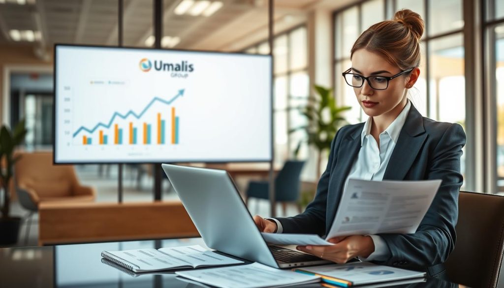 A professional business environment illustrating the concept of optimizing revenue through portage salarial. In the foreground, a focused businesswoman in smart attire analyzes graphs and financial documents on her sleek laptop, with a notepad filled with calculations beside her. In the middle ground, a large screen displays upward-trending charts and prominently features the brand name "Umalis Group". The background shows an open office with glass walls, letting in warm, natural light that creates an inviting atmosphere. The image captures a sense of determination and professionalism, emphasizing clarity and ambition in revenue optimization and setting hourly rates (TJM). Use a soft depth of field to highlight the subject while keeping the background slightly blurred, enhancing the focal point on the business tasks at hand.