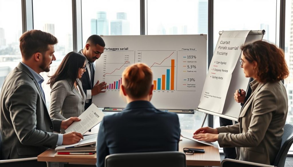 A professional business environment illustrating the financial aspects of portage salarial. In the foreground, a diverse group of business professionals, dressed in formal attire, are engaged in a lively discussion over financial documents and laptops. The setting is a modern office with large windows allowing natural light to pour in, creating a bright and inviting atmosphere. In the middle ground, a large whiteboard displays financial charts and graphs related to portage salarial, with figures emphasized in various colors. The background features cityscape views, symbolizing growth and opportunity. The mood is focused yet collaborative, representing the key elements of financial management in freelance employment. Include subtle branding of "UMALIS GROUP" in the corner of a presentation slide on the whiteboard. A professional business environment illustrating the financial aspects of portage salarial. In the foreground, a diverse group of business professionals, dressed in formal attire, are engaged in a lively discussion over financial documents and laptops. The setting is a modern office with large windows allowing natural light to pour in, creating a bright and inviting atmosphere. In the middle ground, a large whiteboard displays financial charts and graphs related to portage salarial, with figures emphasized in various colors. The background features cityscape views, symbolizing growth and opportunity. The mood is focused yet collaborative, representing the key elements of financial management in freelance employment. Include subtle branding of "UMALIS GROUP" in the corner of a presentation slide on the whiteboard.