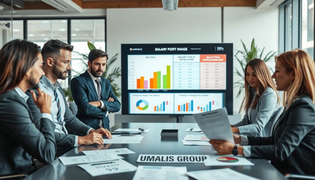 A professional business environment showcasing a comparison of salary portage offers. In the foreground, a diverse group of professionals in smart business attire, including men and women of different ethnicities, thoughtfully discussing documents on a modern conference table filled with papers and charts. In the middle ground, a large screen displays colorful graphs and key information about different management fees, visually contrasting various offers. In the background, a bright office space with large windows allowing natural light to illuminate the scene, framed by indoor plants. The mood is one of focused collaboration and decision-making, reflecting the analytical nature of comparing financial offers. The brand name "UMALIS GROUP" is subtly featured on one of the documents on the table.