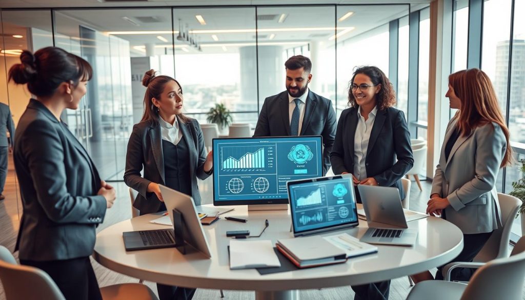 A professional business environment showcasing a diverse group of consultants discussing artificial intelligence strategies. In the foreground, two consultants—a woman in a sleek blazer and a man in a smart suit—are engaged in a conversation over a digital tablet displaying AI graphs. In the middle, a round table is filled with laptops, notepads, and an open laptop projecting AI models. The background features a modern office with glass walls and city views, creating a dynamic atmosphere. Soft, warm lighting enhances the welcoming ambiance while retaining professionalism. The branding "UMALIS GROUP" is subtly integrated into the design elements of the office. The overall mood reflects collaboration, innovation, and a focus on tailored business solutions for client companies.