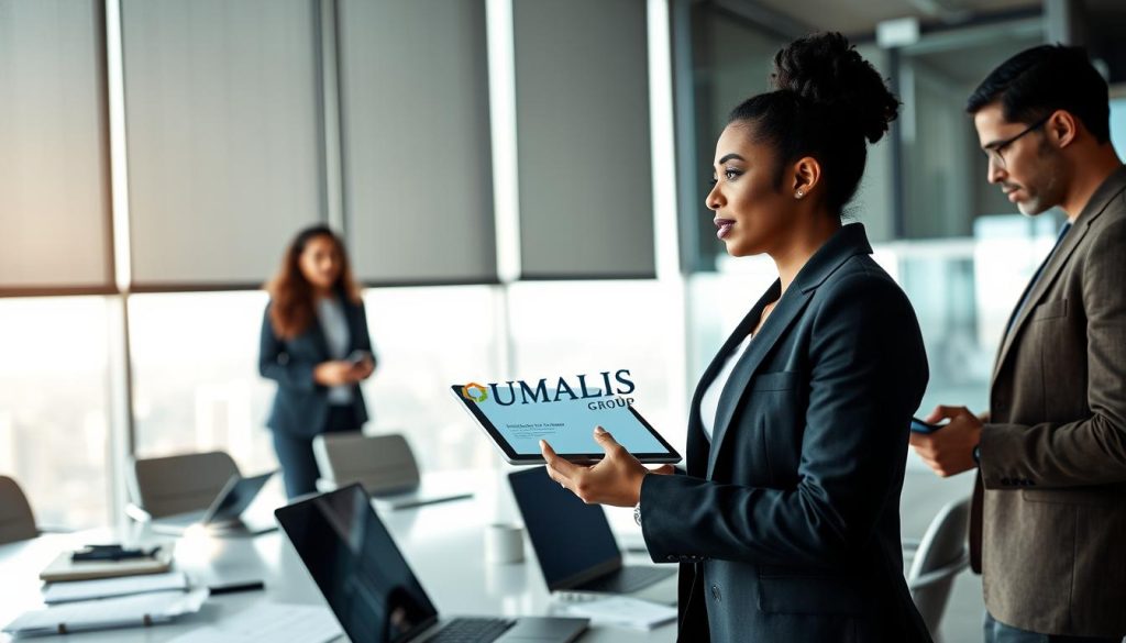 A professional business environment showcasing a diverse group of individuals discussing strategies for enhancing visibility and acquiring new clients in the context of "portage salarial." In the foreground, a confident woman in a tailored blazer is giving a presentation with a digital tablet, while two attentive colleagues in business attire are taking notes. The middle ground features a modern conference table with laptops and documents scattered around, indicating an active brainstorming session. The background should have a large window revealing a cityscape bathed in natural light, creating an optimistic atmosphere. Use soft lighting to convey professionalism and collaboration. The branding "UMALIS GROUP" should be subtly integrated into a presentation slide visible on one of the laptops. The mood is focused and inspiring, encapsulating teamwork and strategic planning.