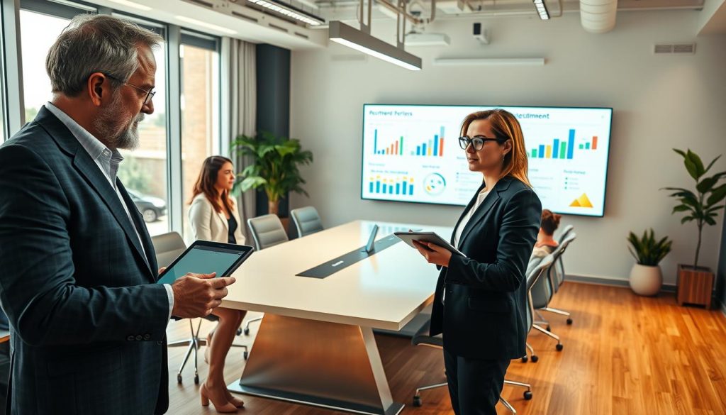 A professional business environment showcasing a diverse group of individuals engaged in a strategy meeting about project management in portage salarial. In the foreground, a middle-aged man in a suit is pointing at a digital tablet, while a young woman with glasses takes notes. The middle scene features a sleek conference table surrounded by bright, modern office decor, with a large screen displaying charts and graphs relevant to recruitment and project management. In the background, large windows allow natural light to pour in, creating a warm and collaborative atmosphere. The mood is focused and productive, emphasizing teamwork and professionalism, captured with a wide-angle lens to enhance depth and perspective.