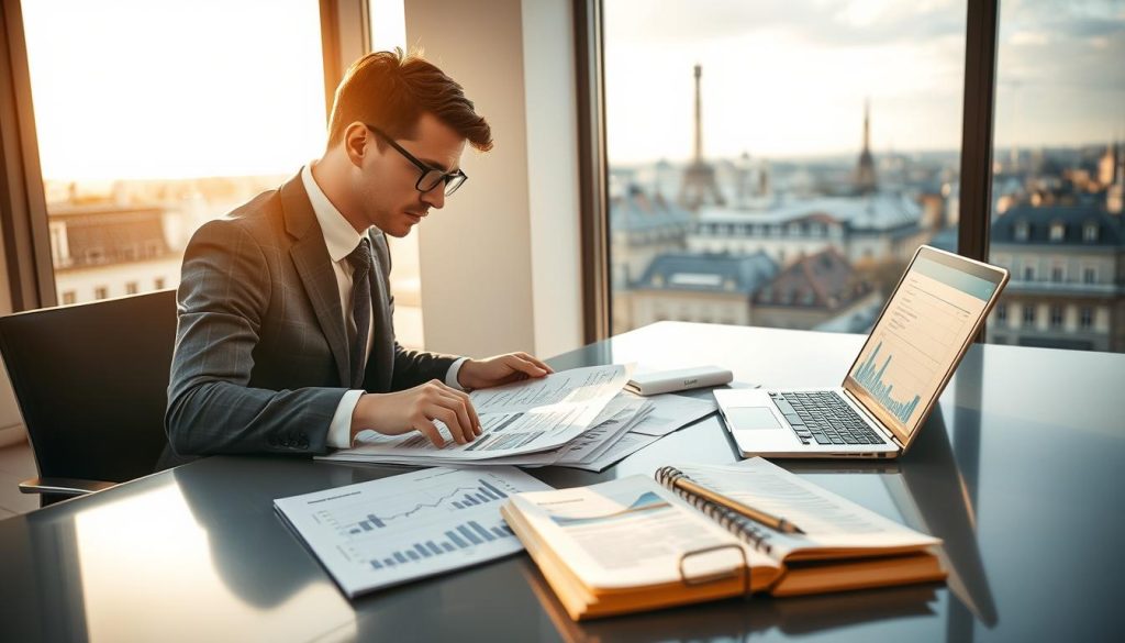 A professional business environment showcasing a finance consultant preparing a client assignment for Umalis Group. In the foreground, a well-dressed consultant, wearing a tailored suit and glasses, is focused on sorting through documents and spreadsheets on a sleek, modern desk. The middle ground features a laptop open with financial graphs and a notepad filled with strategic plans. In the background, a large window lets in soft, natural light, illuminating a cityscape view of Paris with iconic landmarks visible. The atmosphere is one of productivity and professionalism, emphasizing the importance of meticulous preparation in finance and strategy consulting. The composition is shot from a slight angle to add depth, with warm lighting creating an inviting mood.