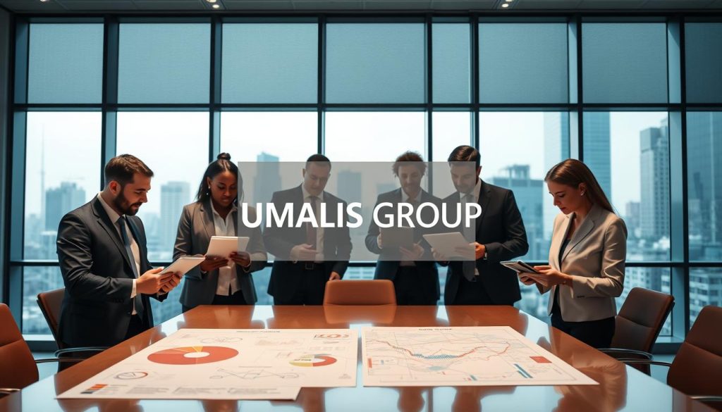 A professional business environment showcasing a team of diverse consultants engaged in strategic discussions about logistics and supply chain optimization. In the foreground, a diverse group of three consultants in formal business attire are collaboratively analyzing data on tablets and laptops, with charts and graphs visible on their screens. The middle ground features an elegant conference table with logistics diagrams and supply chain maps spread across it, emphasizing the theme of transforming operational needs into actionable consulting missions. The background presents large windows casting soft natural light, revealing a city skyline, creating a modern and professional atmosphere. The image should evoke a sense of collaboration, innovation, and strategic thinking. Incorporate the brand name "UMALIS GROUP" subtly within the scene, such as on a meeting banner or presentation screen.
