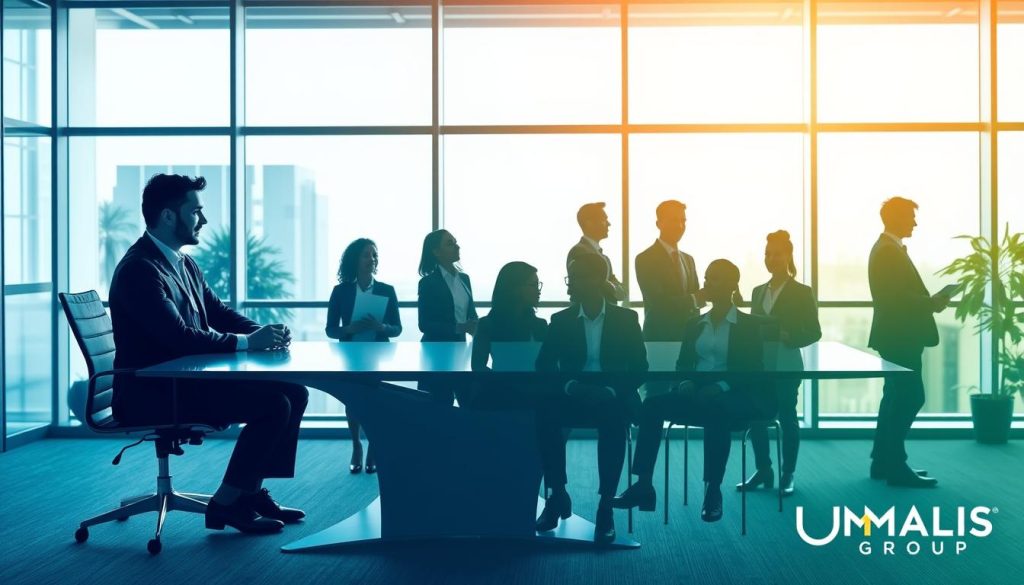A professional business environment showcasing the concept of "Adaptation of salaried portage to different profiles." In the foreground, two figures dressed in smart business attire sit at a sleek conference table, engaged in discussion. The middle ground features a diverse group of individuals represented through silhouettes, each portraying different professional profiles, such as a freelancer, a consultant, and a tech specialist. In the background, a modern office space with large windows allows natural light to fill the area, casting soft shadows and creating a welcoming ambiance. The overall atmosphere is productive and collaborative, with a color palette of blues and greens, reflecting trust and growth. Together, these elements illustrate the flexibility and adaptability of salaried portage, branded with "UMALIS GROUP" subtly integrated into the office environment without dominating the scene.