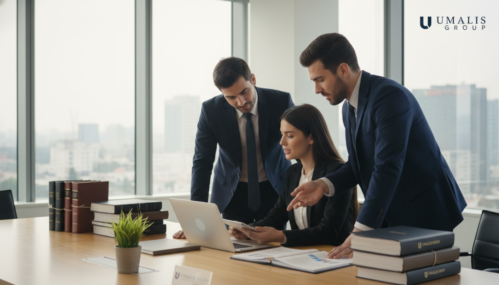 A professional business environment showcasing the concept of "cadre juridique portage salarial." In the foreground, a diverse group of three business professionals—two men and one woman—dressed in formal business attire, collaborating over legal documents and a laptop. The middle ground features an elegant conference table with stacks of files, legal books, and a small potted plant, symbolizing growth and security in the industry. The background shows a modern office setting with large windows letting in soft, natural light, creating a bright and open atmosphere. The mood is focused and strategic, highlighting professionalism and teamwork. Include subtle, branded elements representing Umalis Group, ensuring a cohesive visual narrative. Overall, portray a sense of structure, clarity, and support in the context of legal frameworks surrounding portage salarial.