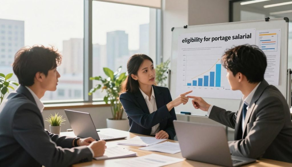 A professional business environment showcasing the concept of "eligibility for portage salarial." In the foreground, a diverse group of three individuals—two men and one woman—wearing smart business attire, are engaged in a discussion around a table covered with documents and a laptop. One person points at a chart on the screen, illustrating statistics related to flexibility and thresholds in portage salarial. The middle ground features office elements like plants and a whiteboard with diagrams explaining eligibility criteria. In the background, large windows reveal a city skyline, bathed in warm afternoon sunlight, creating an optimistic and focused atmosphere. The image should capture a sense of collaboration and professionalism, with soft, natural lighting enhancing the scene.