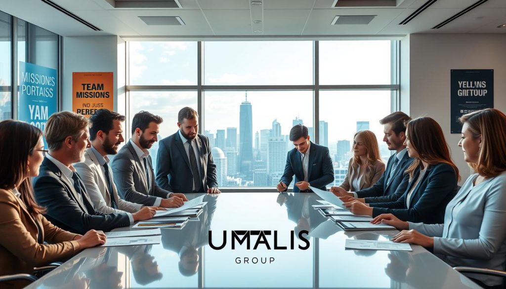 A professional business environment showcasing the concept of "missions portage salarial." In the foreground, a diverse group of individuals in professional attire—men and women of various ethnicities—are collaborating around a sleek conference table, analyzing documents and discussing opportunities. In the middle, a large window offers a panoramic view of a vibrant city skyline, bathed in natural light, symbolizing growth and potential. The background features modern office decor, with motivational posters subtly highlighting teamwork and success, ensuring a professional atmosphere. The lighting is bright but soft, creating an inviting ambiance. The overall mood reflects optimism and professionalism, with a focus on the potential of freelance work in portage salarial. The logo of "UMALIS GROUP" is subtly integrated into the office decor as a symbolic representation of partnership and support in mission opportunities.