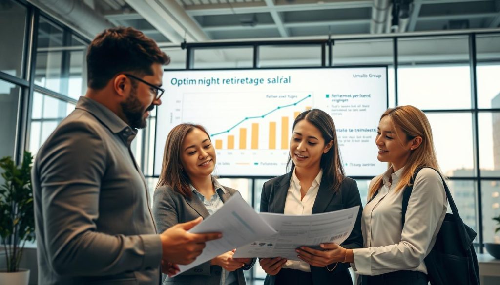 A professional business environment showcasing the concept of optimizing retirement rights through "portage salarial". In the foreground, a diverse group of three professionals in business attire, examining financial documents and charts together, displaying collaborative spirit. In the middle ground, a large digital screen shows graphical representations of retirement accumulation over trimesters, with a focus on "Umalis Group". The background features a modern office setting with large windows allowing natural light to filter in, casting a warm glow that enhances the atmosphere of productivity and innovation. Soft, focused lighting highlights the professionals’ engaged expressions, while the overall mood conveys optimism and empowerment regarding retirement planning. The angle is slightly elevated to capture both the group and digital screen effectively, emphasizing the importance of teamwork in financial optimization.