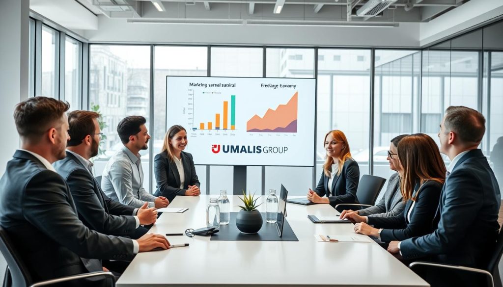 A professional business environment showcasing the concept of "portage salarial." In the foreground, a diverse group of professionals—men and women—dressed in business attire, engaged in a collaborative discussion around a modern conference table. The middle ground features a large digital screen displaying graphs and charts that represent market growth and factors influencing the freelance economy. The background includes a bright office space with large windows, allowing natural light to flood in, creating an inviting atmosphere. The overall mood is one of innovation and progress, highlighting dynamic interactions and modern work culture. Include branding elements subtly featuring "UMALIS GROUP" on the digital screen. Use a wide-angle lens to capture the entire scene, emphasizing the collaboration. A professional business environment showcasing the concept of "portage salarial." In the foreground, a diverse group of professionals—men and women—dressed in business attire, engaged in a collaborative discussion around a modern conference table. The middle ground features a large digital screen displaying graphs and charts that represent market growth and factors influencing the freelance economy. The background includes a bright office space with large windows, allowing natural light to flood in, creating an inviting atmosphere. The overall mood is one of innovation and progress, highlighting dynamic interactions and modern work culture. Include branding elements subtly featuring "UMALIS GROUP" on the digital screen. Use a wide-angle lens to capture the entire scene, emphasizing the collaboration.