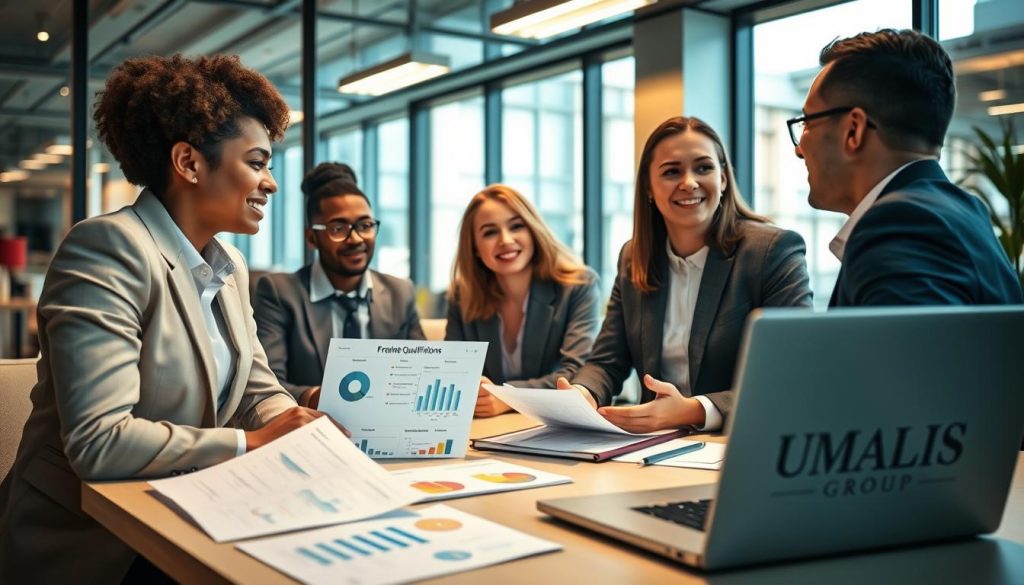 A professional business environment showcasing the concept of "qualifications salarié porté". In the foreground, depict a diverse group of three individuals in smart business attire, engaged in a discussion around a table. They should have a focused and collaborative demeanor, emphasizing teamwork and professionalism. In the middle ground, include documents and laptops with charts and graphs illustrating skills and qualifications relevant to freelance workers. The background should feature a modern office with large windows letting in natural light, adding a sense of openness and optimism. Soft shadows and warm ambient lighting create a welcoming atmosphere. Ensure the image reflects the essence of professional qualifications while subtly incorporating the logo of "UMALIS GROUP" on a document or laptop screen, without being prominent. A professional business environment showcasing the concept of "qualifications salarié porté". In the foreground, depict a diverse group of three individuals in smart business attire, engaged in a discussion around a table. They should have a focused and collaborative demeanor, emphasizing teamwork and professionalism. In the middle ground, include documents and laptops with charts and graphs illustrating skills and qualifications relevant to freelance workers. The background should feature a modern office with large windows letting in natural light, adding a sense of openness and optimism. Soft shadows and warm ambient lighting create a welcoming atmosphere. Ensure the image reflects the essence of professional qualifications while subtly incorporating the logo of "UMALIS GROUP" on a document or laptop screen, without being prominent.