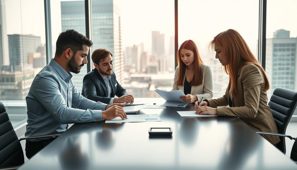 A professional business environment showcasing the concept of "société portage obligations" through a meeting room scene. In the foreground, a diverse group of four professionals—two men and two women—dressed in smart business attire, are engaged in a focused discussion around a sleek conference table. They are reviewing documents and laptops, with charts and graphs displayed. The middle ground features a large window letting in soft natural light, illuminating the room and creating a productive atmosphere. In the background, a modern cityscape is visible, symbolizing opportunities and growth. The overall mood is serious yet collaborative, reflecting the responsibilities and role of a portage company like "UMALIS GROUP" in supporting independent workers. High-resolution, well-composed shot with a slight depth of field to emphasize the subjects.