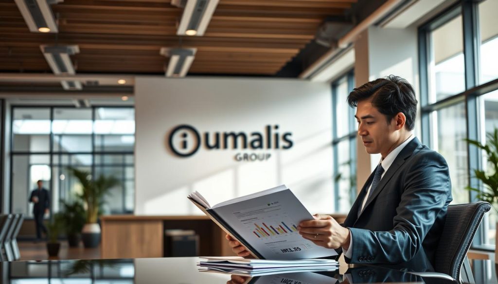 A professional business environment with a warm, welcoming atmosphere. In the foreground, a well-dressed person sits at a desk, intently reviewing a portfolio of documents, showcasing their professional skills and experience. In the middle ground, Umalis Group's logo is prominently displayed on the wall, highlighting the corporate setting. The background features floor-to-ceiling windows, allowing natural light to flood the space and create a sense of openness and transparency. The overall mood is one of focus, competence, and a commitment to professional development.