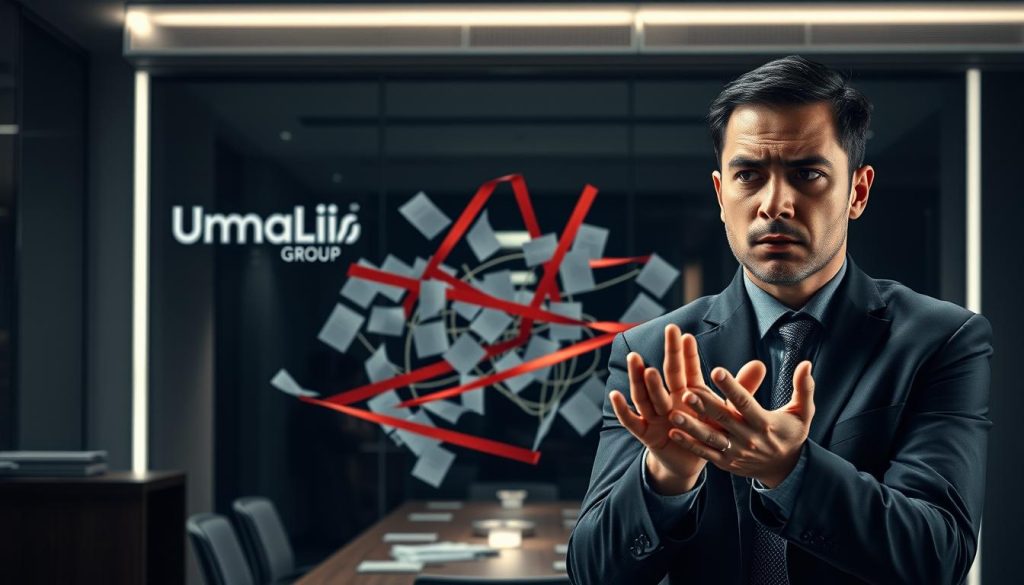 A professional business environment with sleek and modern architecture, featuring the Umalis Group logo prominently displayed. In the foreground, a frustrated worker gestures with their hands, conveying the limitations and inconveniences of the portage salarial arrangement. The middle ground showcases a complex web of bureaucratic paperwork and red tape, symbolizing the professional constraints. The background fades into a dimly lit, claustrophobic office setting, emphasizing the sense of restriction and lack of autonomy. Dramatic lighting casts deep shadows, creating a somber and contemplative mood. The overall composition suggests the challenges and drawbacks of the portage salarial status.