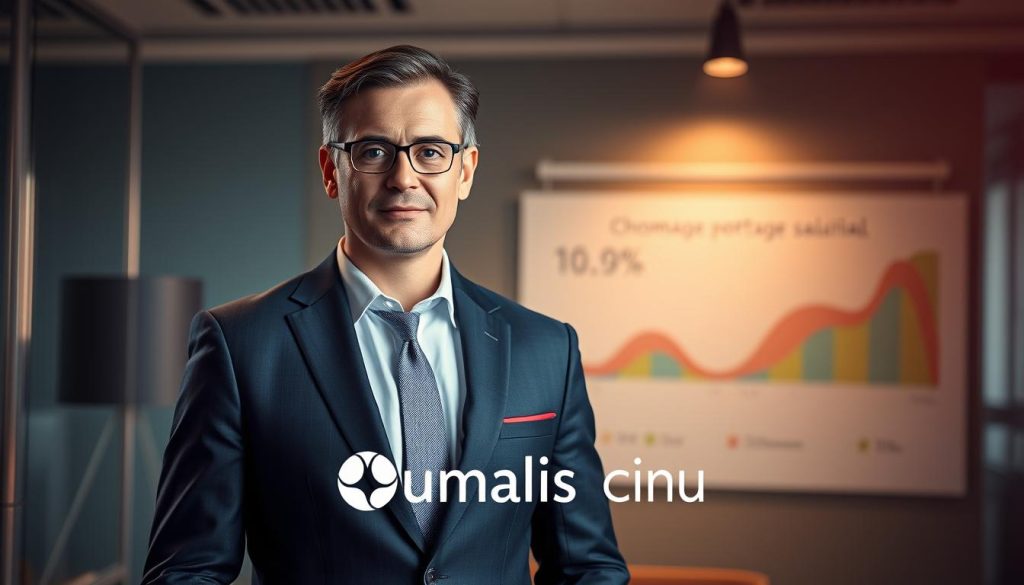 A professional business executive in a stylish suit stands in an office setting, surrounded by the Umalis Group logo. The lighting is warm and focused, casting a sense of authority and confidence. In the background, a chart or graph visualizes employment statistics, hinting at the subject of "chômage portage salarial" - the duration of unemployment benefits for workers under a professional employment contract. The composition is balanced, with the subject commanding attention while the supporting elements provide context and depth to the scene.