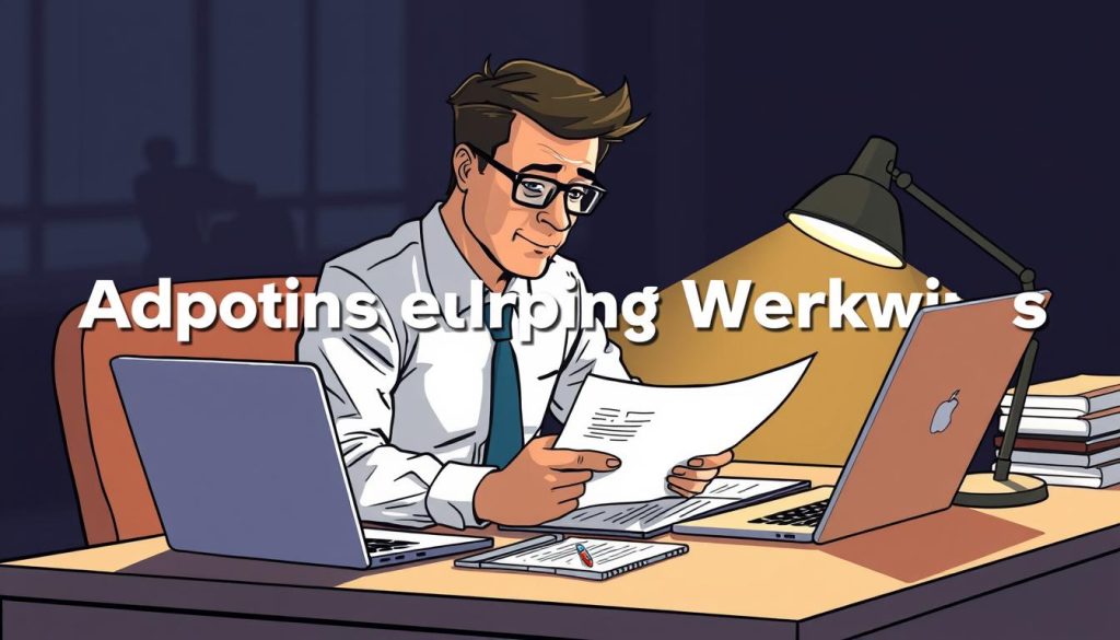 A professional business executive sitting at a desk, intently reviewing documents and digital devices, symbolizing the process of adapting client workflows. The scene is illuminated by a warm, focused light, creating a contemplative atmosphere. The desk is neatly organized, with a laptop, tablet, and carefully arranged notes, conveying a sense of efficiency and adaptability. The executive's expression is one of concentration, suggesting the careful consideration of client needs. The background is slightly blurred, placing the emphasis on the central figure and the adaptable processes being explored.
