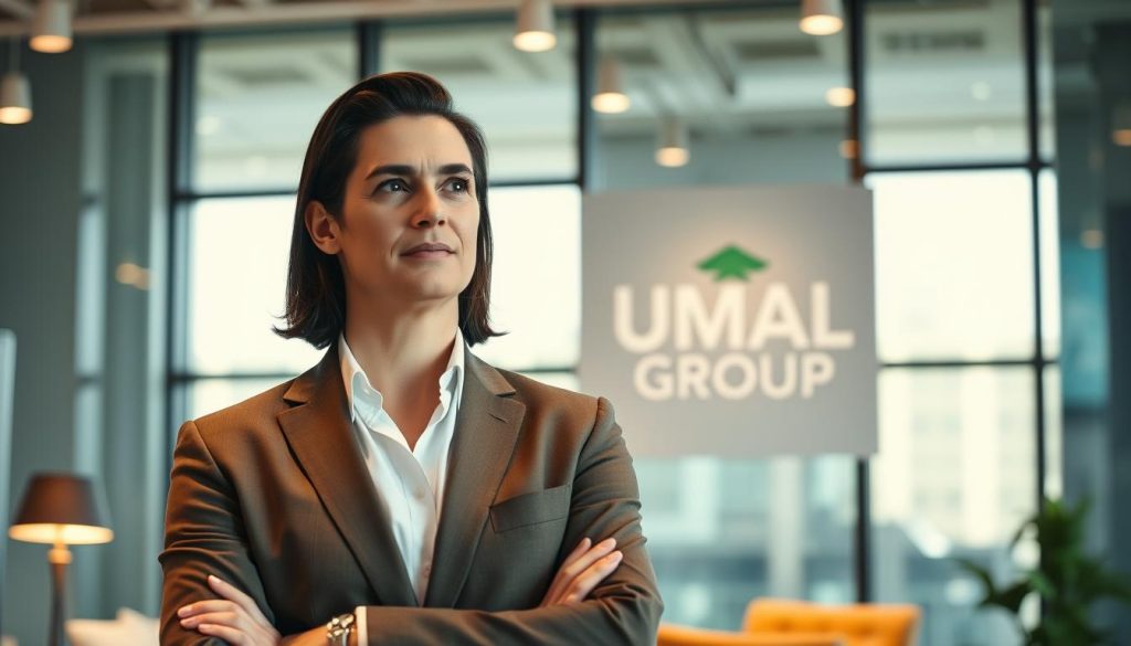A professional business executive standing in a modern office, confidently considering options for their career transition. The lighting is warm and inviting, with a hint of natural sunlight streaming through large windows. The background features the UMALIS GROUP logo, prominently displayed to suggest a trusted partner for secure career portage. The executive's expression conveys a sense of thoughtfulness and determination, ready to make an informed decision about the right portage salarial company. The overall scene exudes a mood of professionalism, stability, and a promising future.