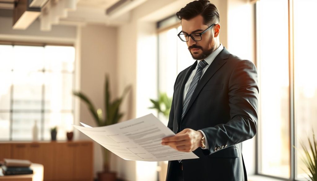 A professional business executive standing in a modern office, dressed in a sharp suit and tie, reviewing paperwork related to mandatory health insurance for salaried freelancers. The scene is bathed in warm, natural lighting through large windows, conveying a sense of authority and professionalism. The background features a minimalist décor with clean lines and subtle accents, placing the focus on the central figure. The mood is one of careful consideration and attention to detail, reflecting the seriousness of the subject matter.