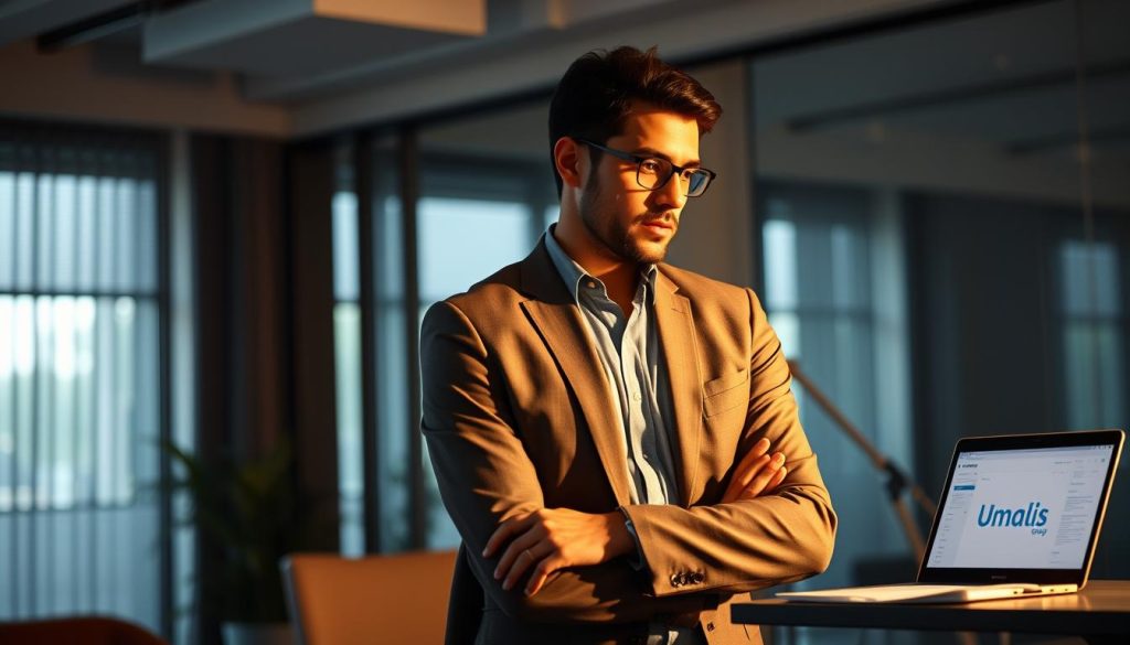 A professional business executive standing in a modern office, surrounded by financial documents and a laptop displaying the Umalis Group brand. The lighting is soft and warm, casting a contemplative atmosphere. The executive is deep in thought, considering the complexities of the "portage salarial" process as they plan their next steps. The scene captures the essence of the "how it works" section, conveying the security and freedom that the Umalis Group's services provide for independent professionals. A professional business executive standing in a modern office, surrounded by financial documents and a laptop displaying the Umalis Group brand. The lighting is soft and warm, casting a contemplative atmosphere. The executive is deep in thought, considering the complexities of the "portage salarial" process as they plan their next steps. The scene captures the essence of the "how it works" section, conveying the security and freedom that the Umalis Group's services provide for independent professionals.