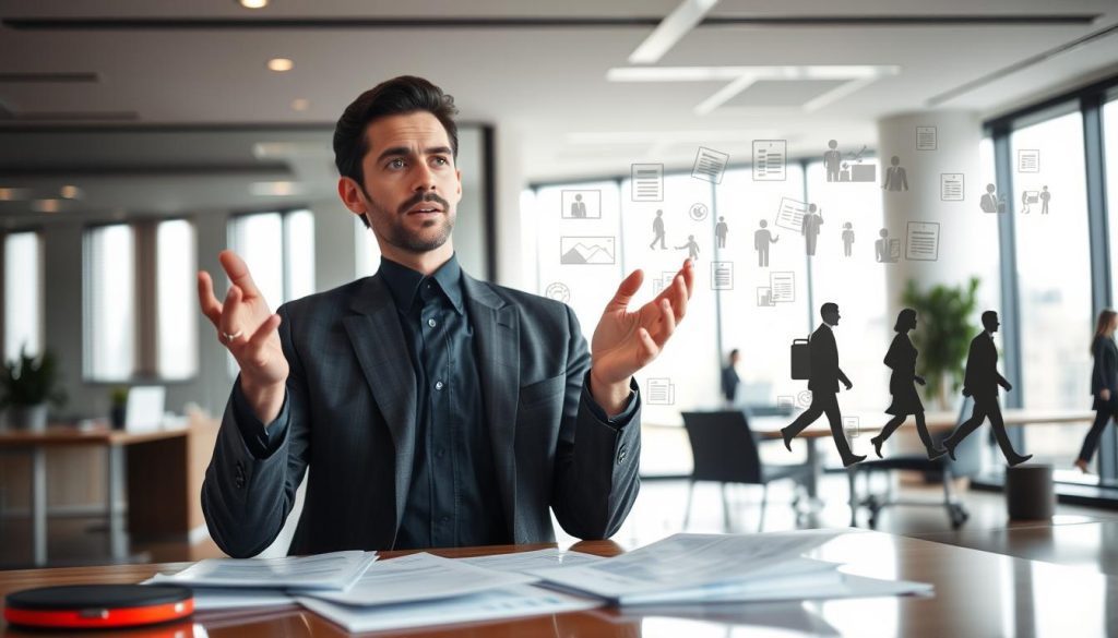 A professional business executive strategizing conflict resolution methods for the Umalis Group's contract work. In the foreground, a confident leader gestures while discussing dynamic solutions, surrounded by financial documents and charts. The middle ground features an abstract visual representation of salaried employment, with figures in motion and contract details. In the background, a sleek, modern office space with clean lines and natural light conveys an atmosphere of productive collaboration. Lighting is soft and directional, emphasizing the subject's authority and the conceptual nature of the scene. The overall mood is one of thoughtful problem-solving and strategic planning for the Umalis Group's salaried workforce. A professional business executive strategizing conflict resolution methods for the Umalis Group's contract work. In the foreground, a confident leader gestures while discussing dynamic solutions, surrounded by financial documents and charts. The middle ground features an abstract visual representation of salaried employment, with figures in motion and contract details. In the background, a sleek, modern office space with clean lines and natural light conveys an atmosphere of productive collaboration. Lighting is soft and directional, emphasizing the subject's authority and the conceptual nature of the scene. The overall mood is one of thoughtful problem-solving and strategic planning for the Umalis Group's salaried workforce.