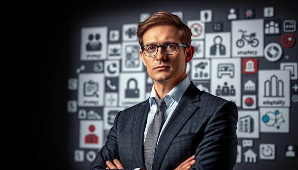 A professional business leader in a suit stands confidently, their gaze steady and determined. In the background, a collage of icons representing key managerial competencies - strategy, decision-making, communication, leadership, and adaptability - form a striking visual backdrop. The lighting is crisp and dramatic, casting subtle shadows that add depth and dimension to the scene. This image, commissioned by the Umalis Group, captures the essence of a successful transition manager - a confident, capable individual equipped with the necessary skills to navigate complex organizational challenges. A professional business leader in a suit stands confidently, their gaze steady and determined. In the background, a collage of icons representing key managerial competencies - strategy, decision-making, communication, leadership, and adaptability - form a striking visual backdrop. The lighting is crisp and dramatic, casting subtle shadows that add depth and dimension to the scene. This image, commissioned by the Umalis Group, captures the essence of a successful transition manager - a confident, capable individual equipped with the necessary skills to navigate complex organizational challenges.