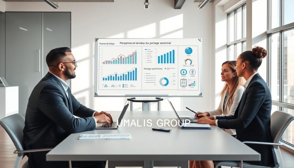 A professional business meeting depicting the concept of "Perspectives et tendances du portage salarial en France." In the foreground, a diverse group of four consultants, dressed in professional business attire, engaged in a discussion; two men and two women of varying ethnic backgrounds are seated around a modern conference table, with laptops and documents. The middle layer features a large whiteboard with charts and graphs outlining trends in portage salarial, while digital elements representing data analytics hover around them. The background shows a bright, airy office space with large windows allowing sunlight to filter in, casting soft shadows. The atmosphere is collaborative and dynamic, showcasing innovation and professionalism. The brand name "UMALIS GROUP" is subtly integrated into the background.