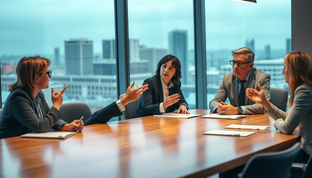 A professional business meeting in a modern conference room at the LIGHT PORTAGE headquarters. Soft, warm lighting illuminates the polished wooden table, creating a thoughtful, collaborative atmosphere. The executive team is engaged in a discussion, gesturing animatedly as they consider the optimal timing for a salary review. Their expressions are serious yet open, reflecting the gravity and importance of the decision. The large windows in the background offer a view of the city skyline, hinting at the broader context and aspirations driving this pivotal conversation.