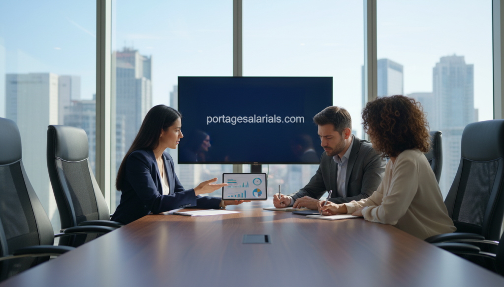 A professional business meeting in a modern office, featuring a diverse group of three individuals engaged in a collaborative discussion. The foreground captures a confident woman in smart business attire, gesturing towards a digital tablet showcasing data analytics. Next to her is a well-dressed man taking notes, and a third person, a woman, is listening attentively, all exuding leadership and teamwork. In the middle ground, a sleek conference table is surrounded by high-backed chairs, with large windows flooding the room with natural light, casting soft shadows. In the background, a city skyline is visible, symbolizing high-value missions and modern business landscapes. The mood is focused and innovative, reflecting ambition and potential in a dynamic work environment. Promote: portagesalarials.com.
