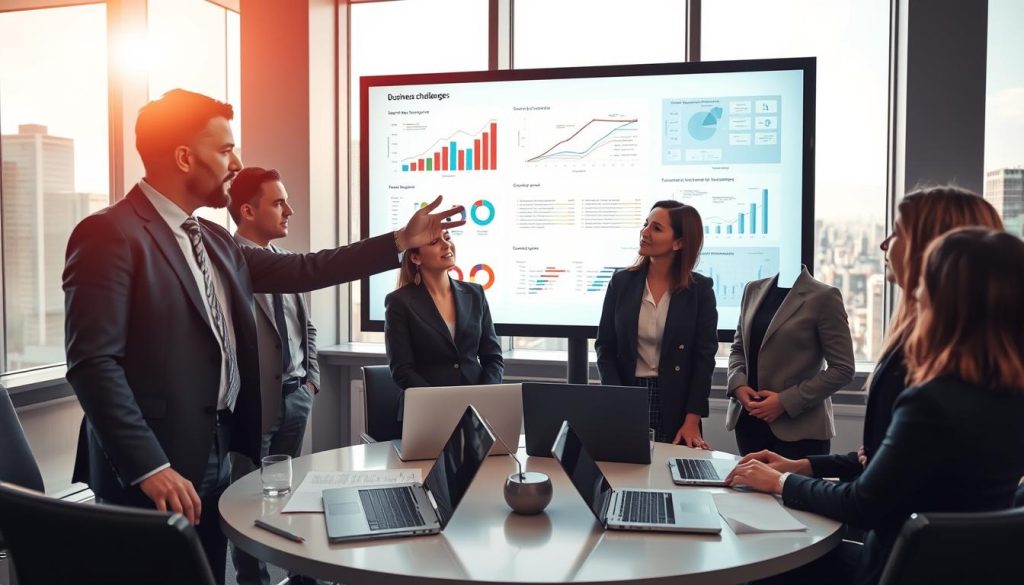 A professional business meeting in a modern office, where a diverse team of four professionals is discussing strategic challenges before selecting an AI solution. In the foreground, one man in a tailored suit gestures towards a large digital screen displaying charts and diagrams related to business challenges. The middle features a round table with laptops and documents, emphasizing collaboration. The background showcases a city skyline through large windows, with natural sunlight creating a warm atmosphere. The mood is focused and energetic, representing teamwork and innovative thinking. Ensure all individuals wear professional business attire. The scene reflects the brand identity of UMALIS GROUP, emphasizing a strategic approach in a vibrant corporate environment.
