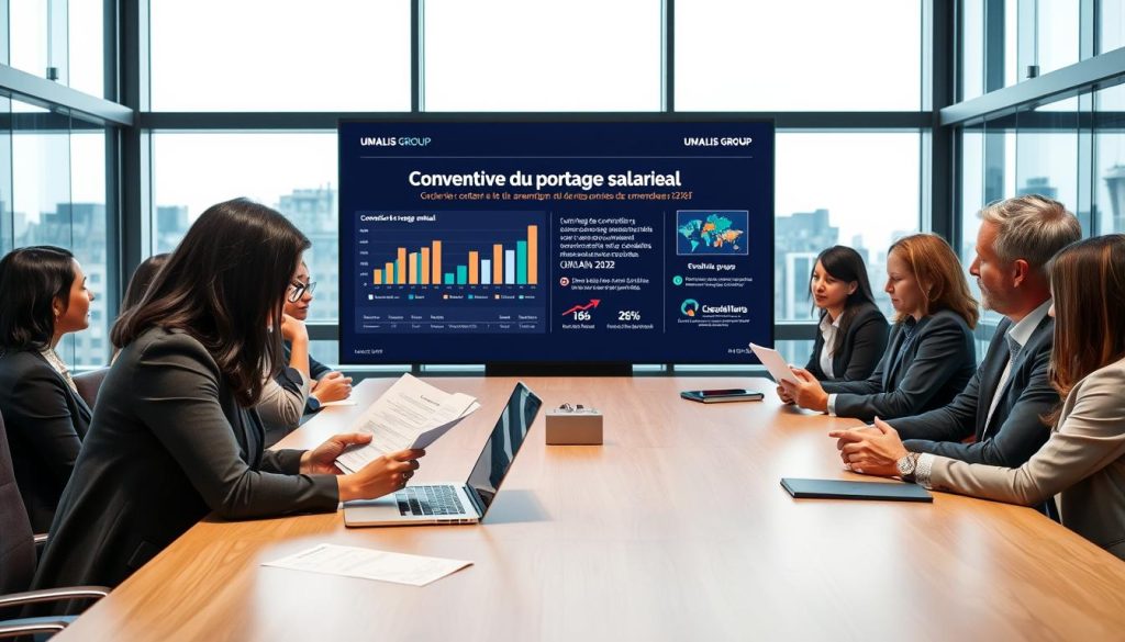 A professional business meeting room with a modern design, featuring a large table surrounded by diverse professionals in business attire engaged in thoughtful discussion about "Suivi des textes de branche." In the foreground, a woman with dark hair and glasses is reviewing documents on a laptop, while a man with light hair holds a notepad, taking notes. In the middle ground, a large digital screen displays graphs and text related to the convention collective du portage salarial, with the brand name "UMALIS GROUP" visible. The background shows glass windows with a city skyline, allowing natural light to flood the room, creating a productive atmosphere. The mood is focused and collaborative, highlighting the importance of organizing updates on amendments for 2026.