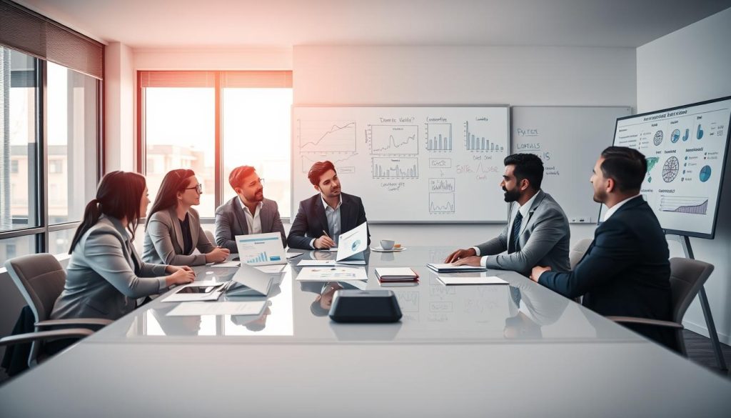A professional business meeting scene centered around the theme of "Frais, délais et régularité des missions en portage salarial." In the foreground, a diverse group of professionals, dressed in smart business attire, are engaged in a discussion at a sleek conference table. They are analyzing documents and charts projected on a screen, symbolizing financial metrics and consultant income strategies. The middle background features a large window with soft natural light flooding the room, creating an organized and focused atmosphere. A whiteboard is filled with notes and graphs related to budgeting and consultancy metrics. The overall mood is collaborative and insightful, reflecting a dynamic work environment. Include the logo of "UMALIS GROUP" subtly in the background. Make use of a wide-angle lens to capture the whole scene.