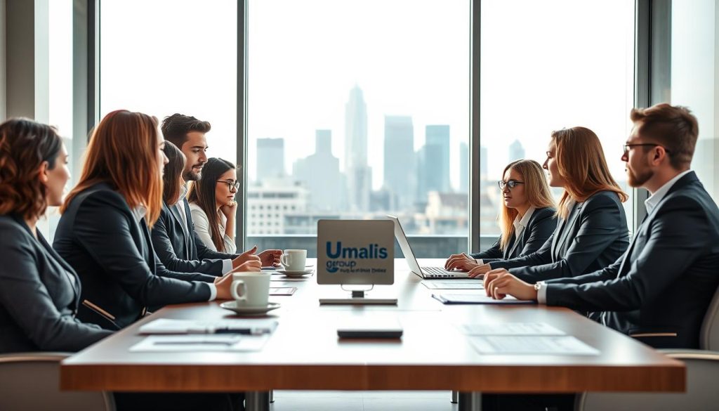 A professional business meeting scene centered around the theme of confidence in selecting missions within the field of portage salarial. In the foreground, a diverse group of business professionals, dressed in business attire, are engaged in a focused discussion, showcasing a blend of trust and collaboration. The middle ground features a modern conference table with documents, laptops, and coffee cups, symbolizing active engagement. In the background, a large window reveals a city skyline under soft natural lighting, which creates a bright and optimistic atmosphere. The image should exude professionalism and confidence, with a composition that highlights the individuals at the table while subtly incorporating elements of the Umalis Group brand in the decor.