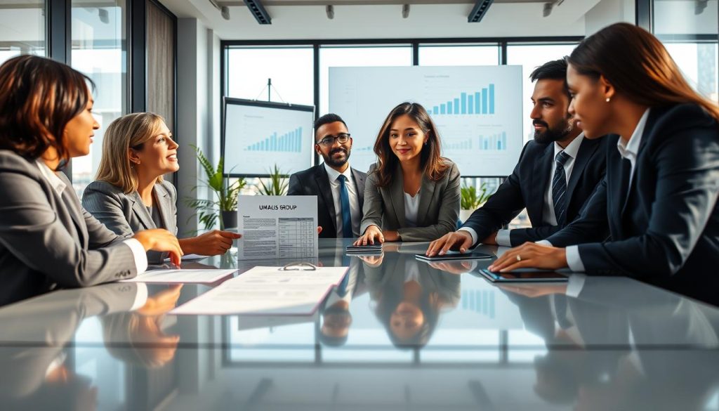 A professional business meeting scene centered around the theme "specificités contrat portage salarial." In the foreground, a diverse group of three business professionals, wearing smart business attire, engage in a discussion around a polished conference table. One individual gestures towards a detailed document labeled with the brand name “UMALIS GROUP.” In the middle, a modern office space features a large window allowing natural light to illuminate the room, with cityscape views in the background. Subtle decor includes plants and a presentation screen displaying graphs and data related to contractual specifics. The atmosphere is collaborative and focused, capturing a sense of professionalism and clarity within the context of contract discussions. Use soft, warm lighting for a welcoming feel, and frame the scene with a slight overhead angle for a dynamic perspective. A professional business meeting scene centered around the theme "specificités contrat portage salarial." In the foreground, a diverse group of three business professionals, wearing smart business attire, engage in a discussion around a polished conference table. One individual gestures towards a detailed document labeled with the brand name “UMALIS GROUP.” In the middle, a modern office space features a large window allowing natural light to illuminate the room, with cityscape views in the background. Subtle decor includes plants and a presentation screen displaying graphs and data related to contractual specifics. The atmosphere is collaborative and focused, capturing a sense of professionalism and clarity within the context of contract discussions. Use soft, warm lighting for a welcoming feel, and frame the scene with a slight overhead angle for a dynamic perspective.