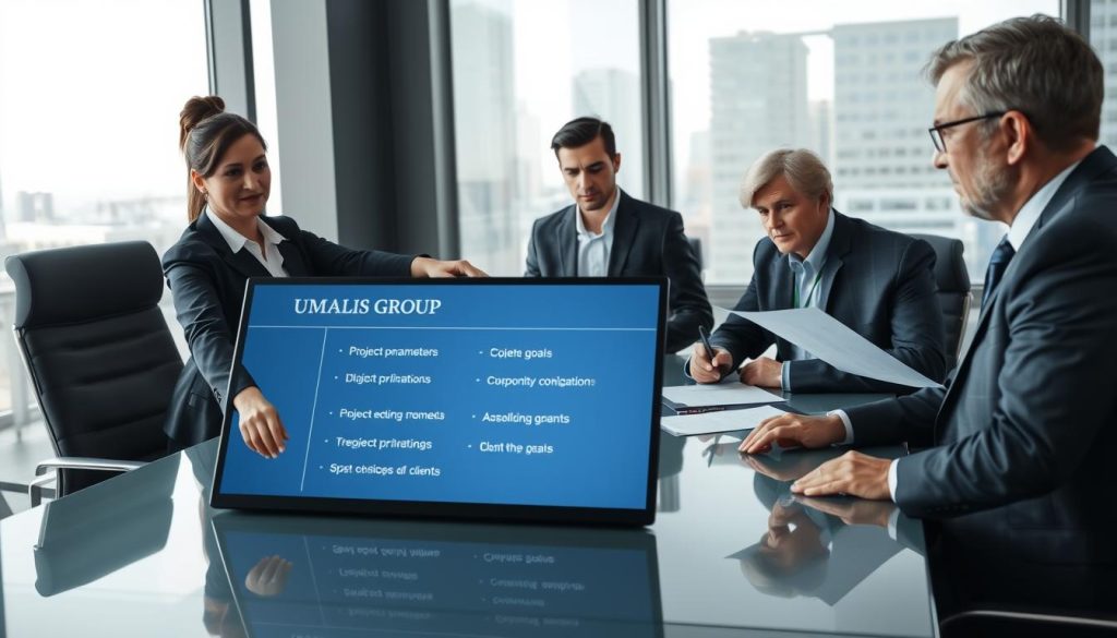 A professional business meeting scene depicting a diverse group of business people around a sleek conference table, engaged in discussion about project parameters and client obligations. In the foreground, a middle-aged woman in a tailored suit points at a digital presentation screen displaying "UMALIS GROUP" alongside key project goals. The middle ground features a young man in business casual attire taking notes and listening attentively, while an older gentleman reviews documents. The background shows a large window with cityscape views, soft natural light pouring in, enhancing the atmosphere of collaboration and professionalism. The overall mood is focused and determined, representing the responsibilities of a contracting company towards a client.