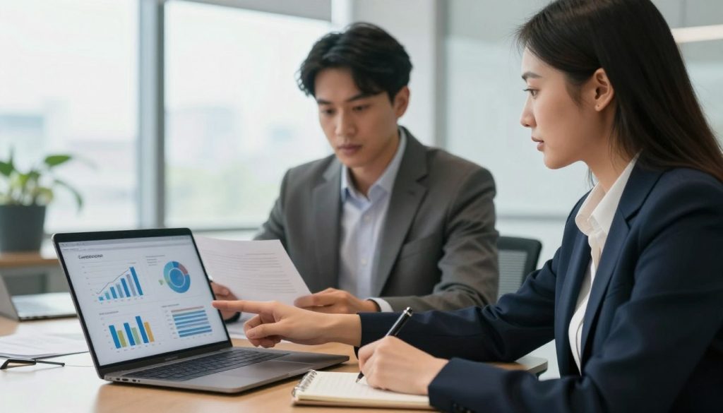 A professional business meeting scene depicting a diverse group of three individuals engaged in strategy discussions regarding career development. In the foreground, a woman in a smart blazer points to a detailed chart on a laptop screen, illustrating key performance indicators. In the middle ground, a man in a tailored suit analyzes a document, while another person in professional attire takes notes on a notepad. The background features a modern office with large windows, allowing natural light to flood the room, creating an energetic and collaborative atmosphere. The overall mood is focused and aspirational, suggesting growth and opportunity in a dynamic work environment. The shot is captured at eye level with a slight depth of field to emphasize the engaged participants.